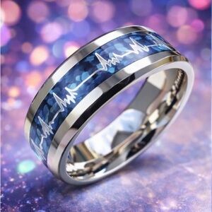 Heartbeat Pattern Blue and Silver Men's Ring